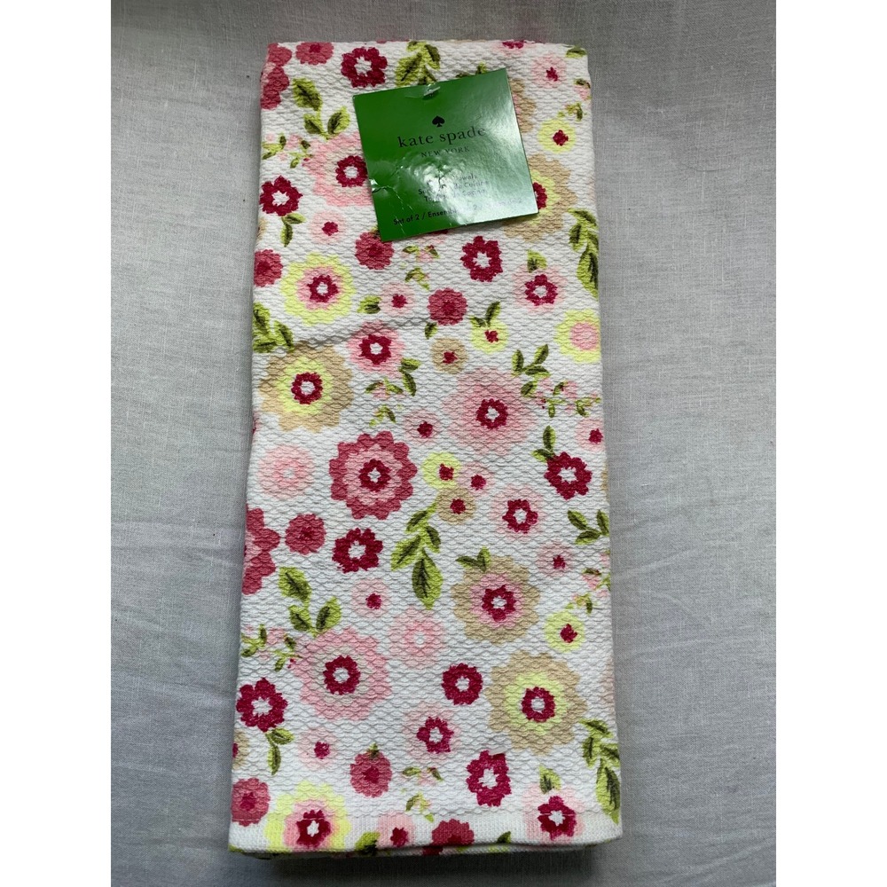 Kate Spade Kitchen Towels Set of 2 Floral Pink Yellow 100% Cotton NEW#572‎